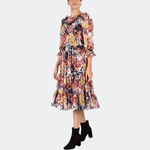 Donna Ricco New York Sheer Chiffon Ruffled Tiered Midi Dress Floral Size 16